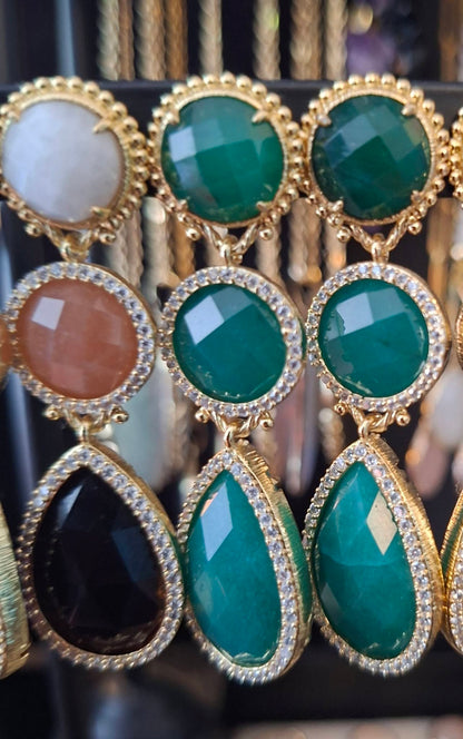Nye MICCI DESIGN natural Purple AGATE Long Drop Øredobber, 58x17mm 24KGold Electroplated - Green AVENTURINE
