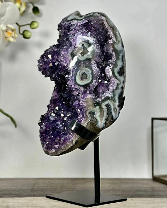 Deep Purple Amethyst Geode With Eye Formations on Metal Stand - MWS2703, 3kg - 27x11x12cm