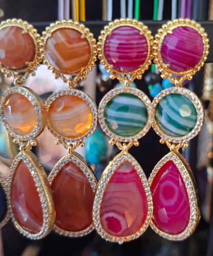 Nye MICCI DESIGN natural Fuchsia AGATE Long Drop Øredobber, 58x17mm 24KGold Electroplated