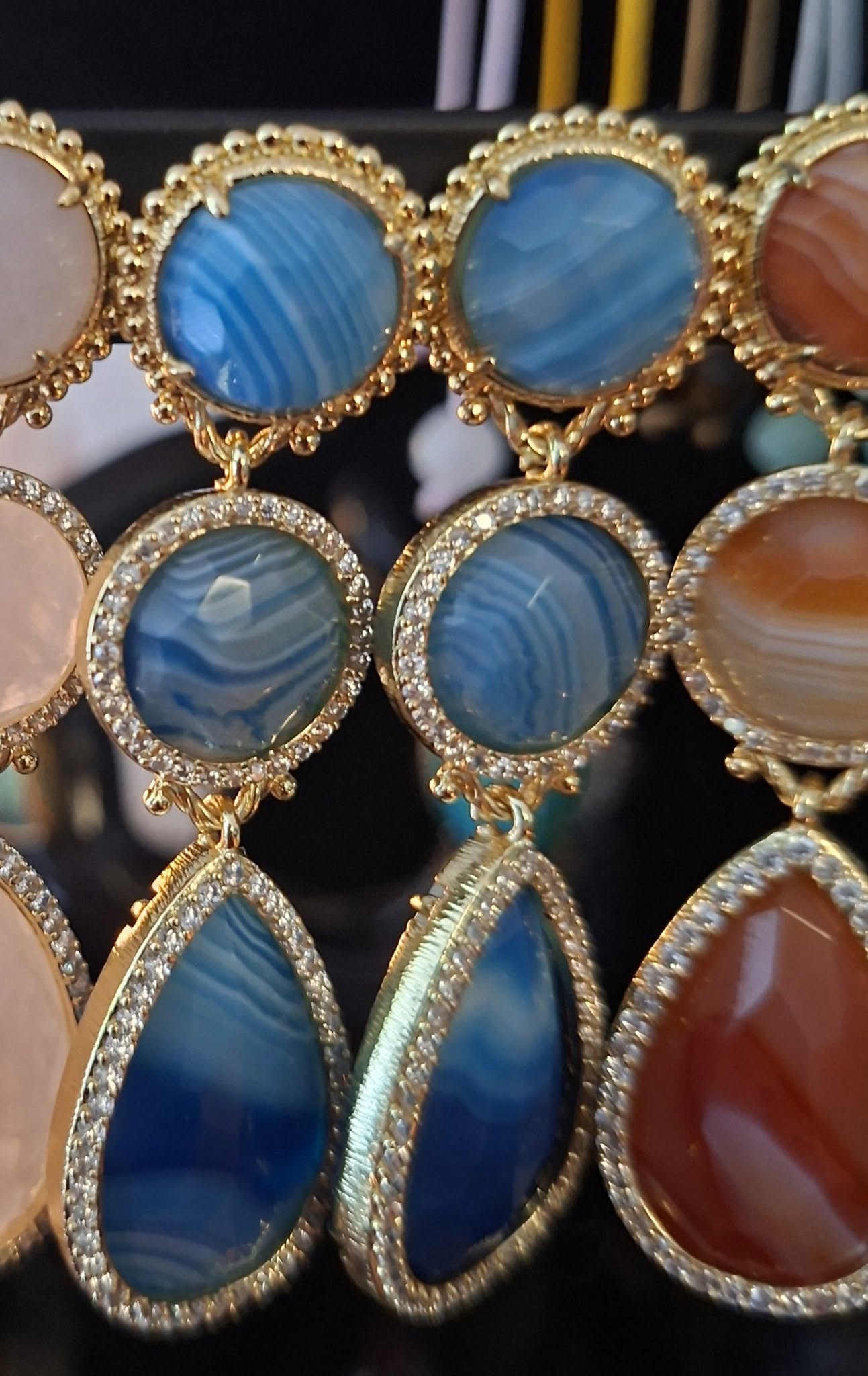 Nye MICCI DESIGN natural Blue AGATE Long Drop Øredobber, 58x17mm 24KGold Electroplated