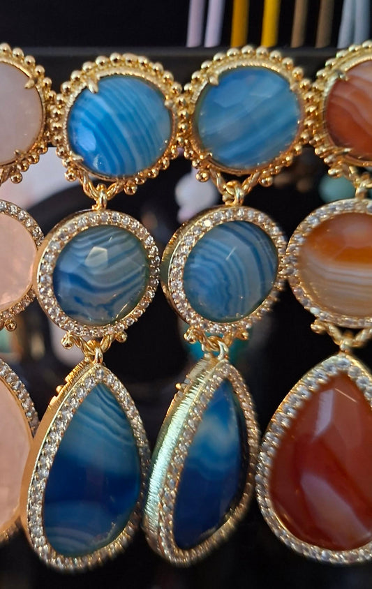 Nye MICCI DESIGN natural Blue AGATE Long Drop Øredobber, 58x17mm 24KGold Electroplated