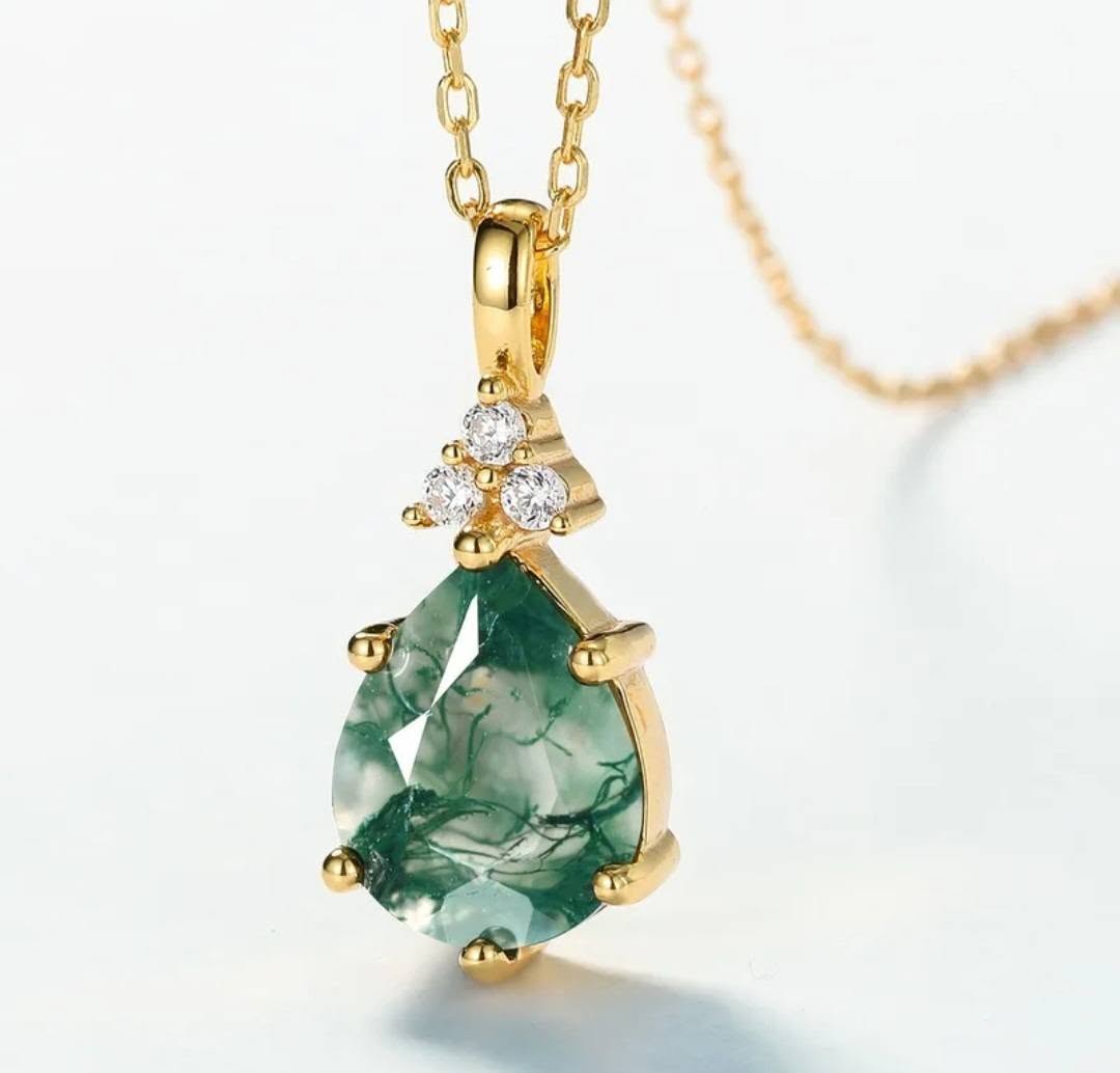 MOSS AGATE CZ Solitaire Jewelry 3 PCS ( Ring, Kjede, Øredobber ) Art Deco Jewelry Set, Yellow Gold Vermeil ( 925s Silver )