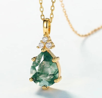 MOSS AGATE CZ Solitaire Jewelry 3 PCS ( Ring, Kjede, Øredobber ) Art Deco Jewelry Set, Yellow Gold Vermeil ( 925s Silver )