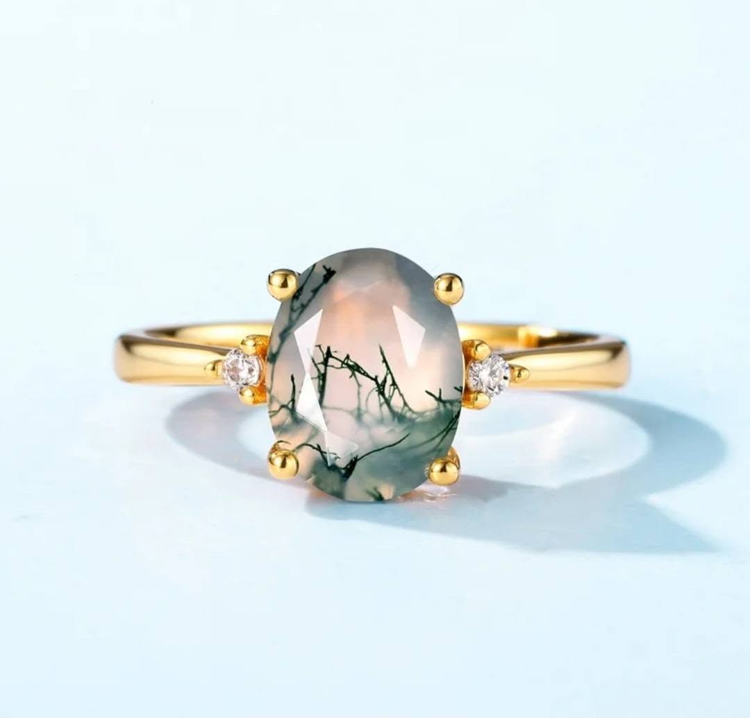 Retro / Vintage 9x7mm natural MOSS AGATE CZ Solitaire Ring, Yellow Gold Vermeil ( 925s Silver ), adjustable size ( 49, 52, 54 )