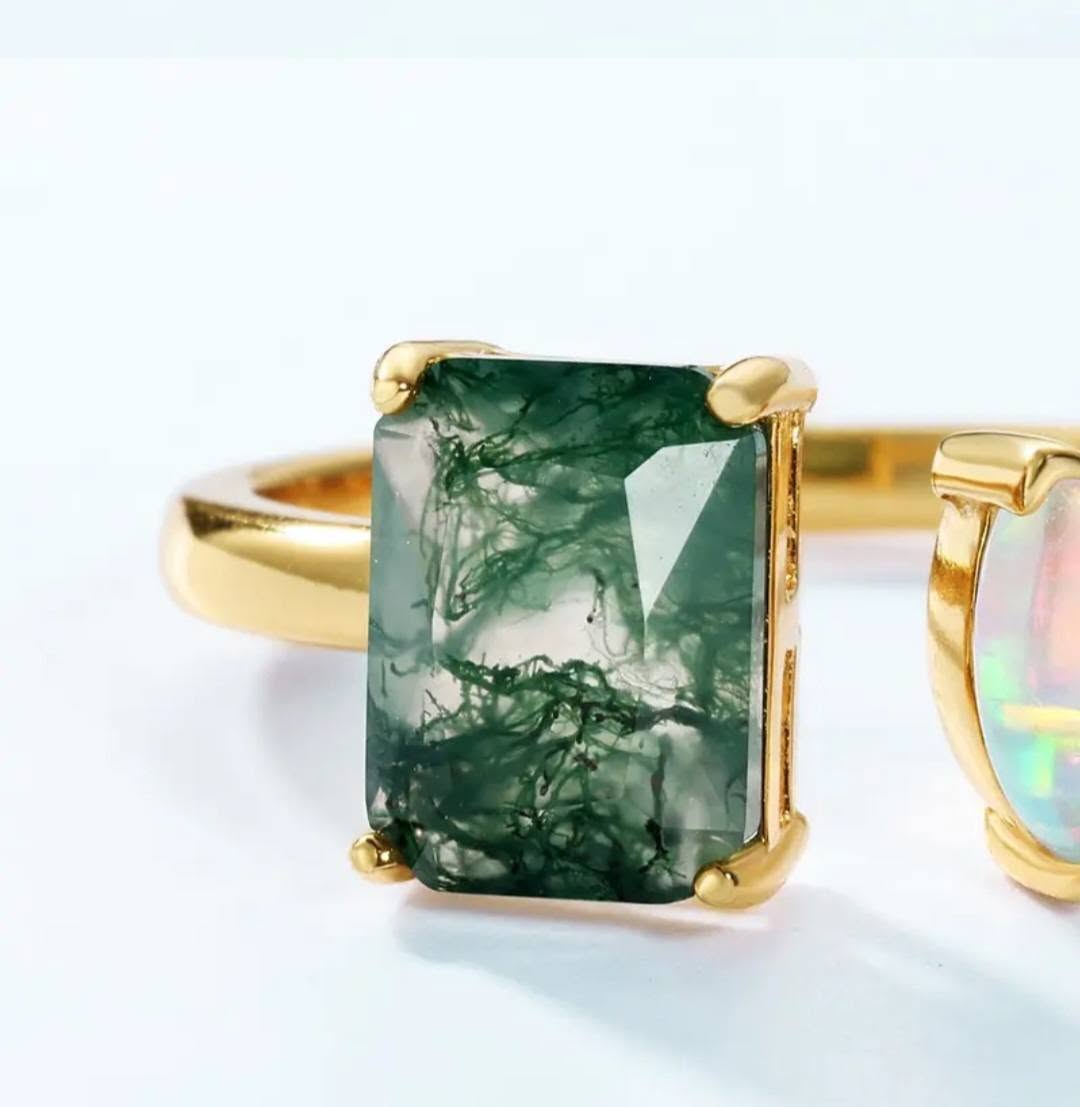 Retro / Vintage natural MOSS AGATE & OPAL Ring, Yellow Gold Vermeil ( 925s Silver ), adjustable size ( 49, 52, 54 )