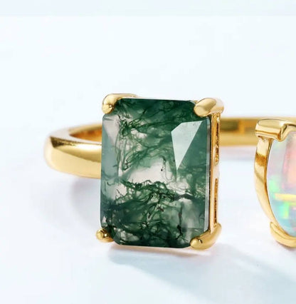 Retro / Vintage natural MOSS AGATE & OPAL Ring, Yellow Gold Vermeil ( 925s Silver ), adjustable size ( 49, 52, 54 )