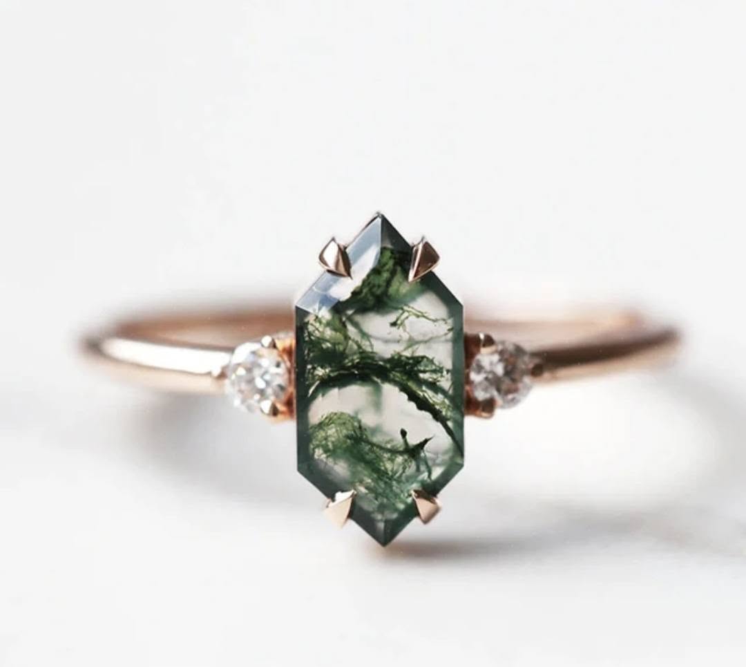 ART DECO /&nbsp;MOSS AGATE CZ Solitaire Ring, Yellow Gold Vermeil ( 925s Silver ), justerbar ( 49, 52, 54 )