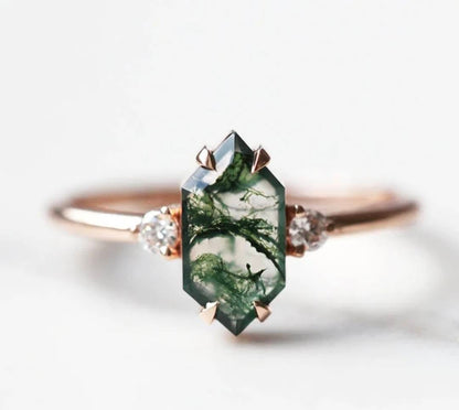 ART DECO /&nbsp;MOSS AGATE CZ Solitaire Ring, Yellow Gold Vermeil ( 925s Silver ), justerbar ( 49, 52, 54 )