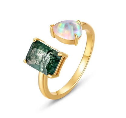 Retro / Vintage natural MOSS AGATE & OPAL Ring, Yellow Gold Vermeil ( 925s Silver ), adjustable size ( 49, 52, 54 )