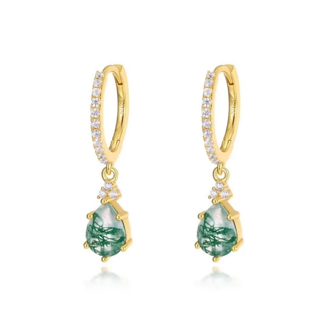 MOSS AGATE CZ Solitaire Jewelry 3 PCS ( Ring, Kjede, Øredobber ) Art Deco Jewelry Set, Yellow Gold Vermeil ( 925s Silver )