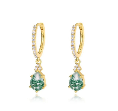 MOSS AGATE CZ Solitaire Jewelry 3 PCS ( Ring, Kjede, Øredobber ) Art Deco Jewelry Set, Yellow Gold Vermeil ( 925s Silver )