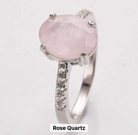 Ny & Trendy 925s Silver Art Deco Vintage Ring - med oval 8x10mm Rose Quartz sten og Zirkoner