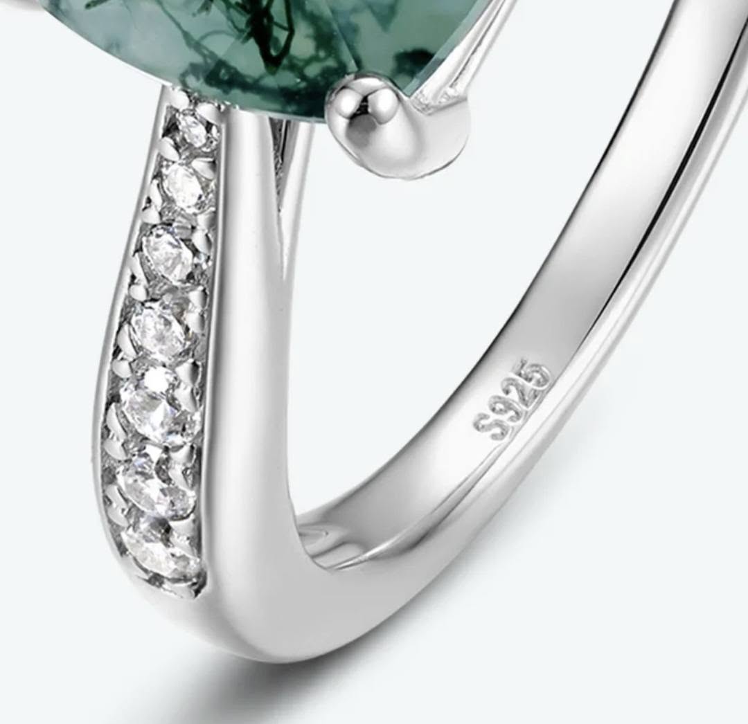 Retro / Vintage 8x8mm natural MOSS AGATE CZ Solitaire Ring, 925s Silver, size ( 49, 52, 54 )