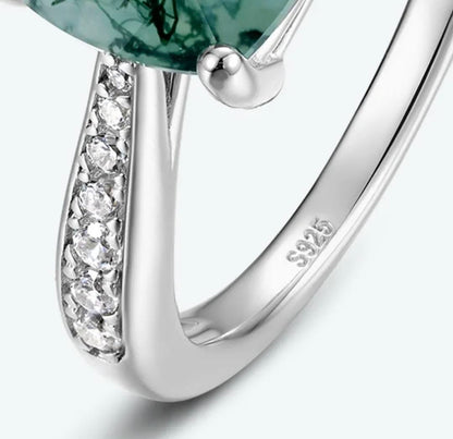 Retro / Vintage 8x8mm natural MOSS AGATE CZ Solitaire Ring, 925s Silver, size ( 49, 52, 54 )