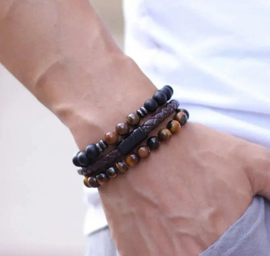Triple Agat & Tigereye Bracelets, 2 Design  ( Matt sort Aget - Tigereye )