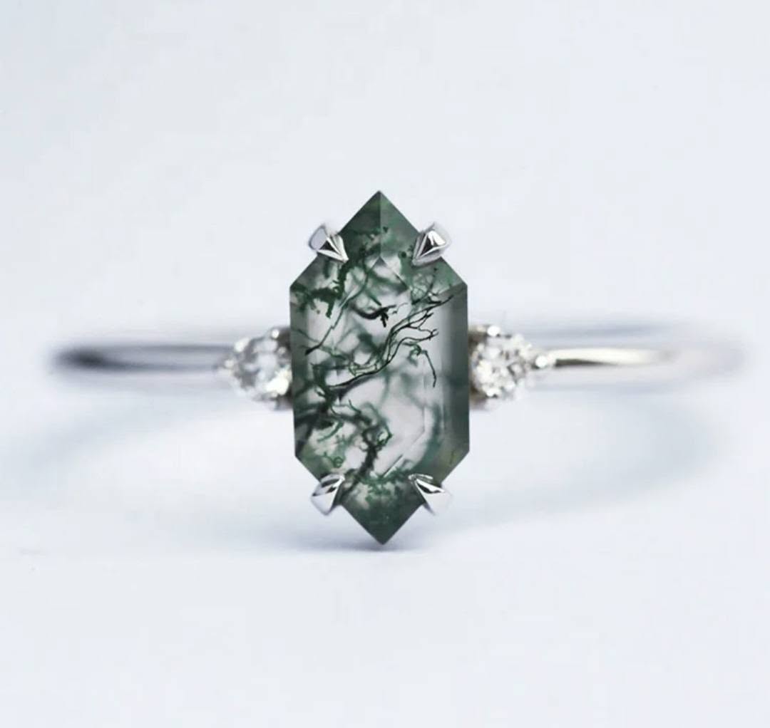 ART DECO /&nbsp;MOSS AGATE CZ Solitaire Ring, Yellow Gold Vermeil ( 925s Silver ), justerbar ( 49, 52, 54 )