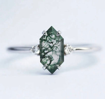 ART DECO /&nbsp;MOSS AGATE CZ Solitaire Ring, Yellow Gold Vermeil ( 925s Silver ), justerbar ( 49, 52, 54 )