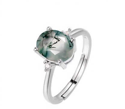 Retro / Vintage 9x7mm natural MOSS AGATE CZ Solitaire Ring, 925s Silver ), adjustable size ( 49, 52, 54 );