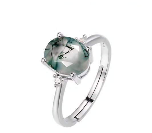 Retro / Vintage 9x7mm natural MOSS AGATE CZ Solitaire Ring, 925s Silver ), adjustable size ( 49, 52, 54 );