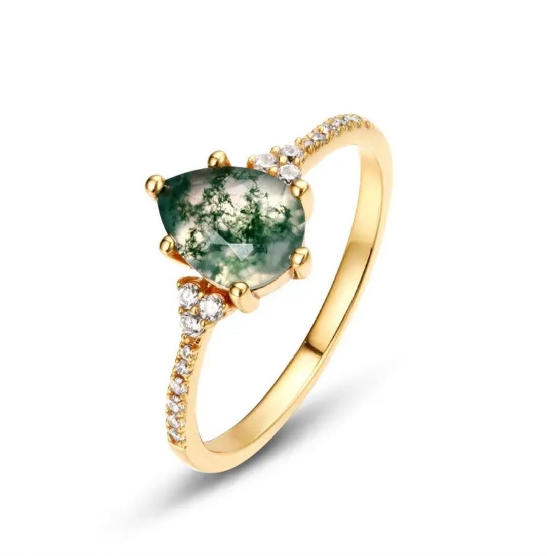 Ny & Trendy 14K Goldplated ( 925s Silver ) Art Deco Vintage Ring - med oval 9x7mm Green Moss Agate Quartz sten og Zirkoner
