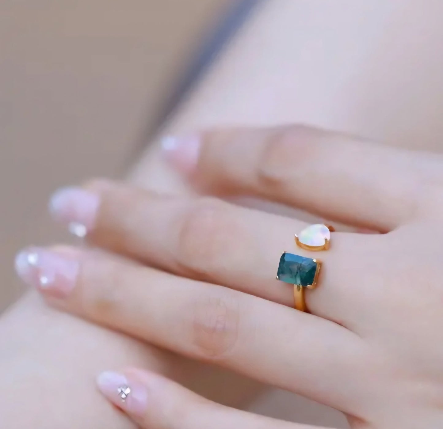 Retro / Vintage natural MOSS AGATE & OPAL Ring, Yellow Gold Vermeil ( 925s Silver ), adjustable size ( 49, 52, 54 )