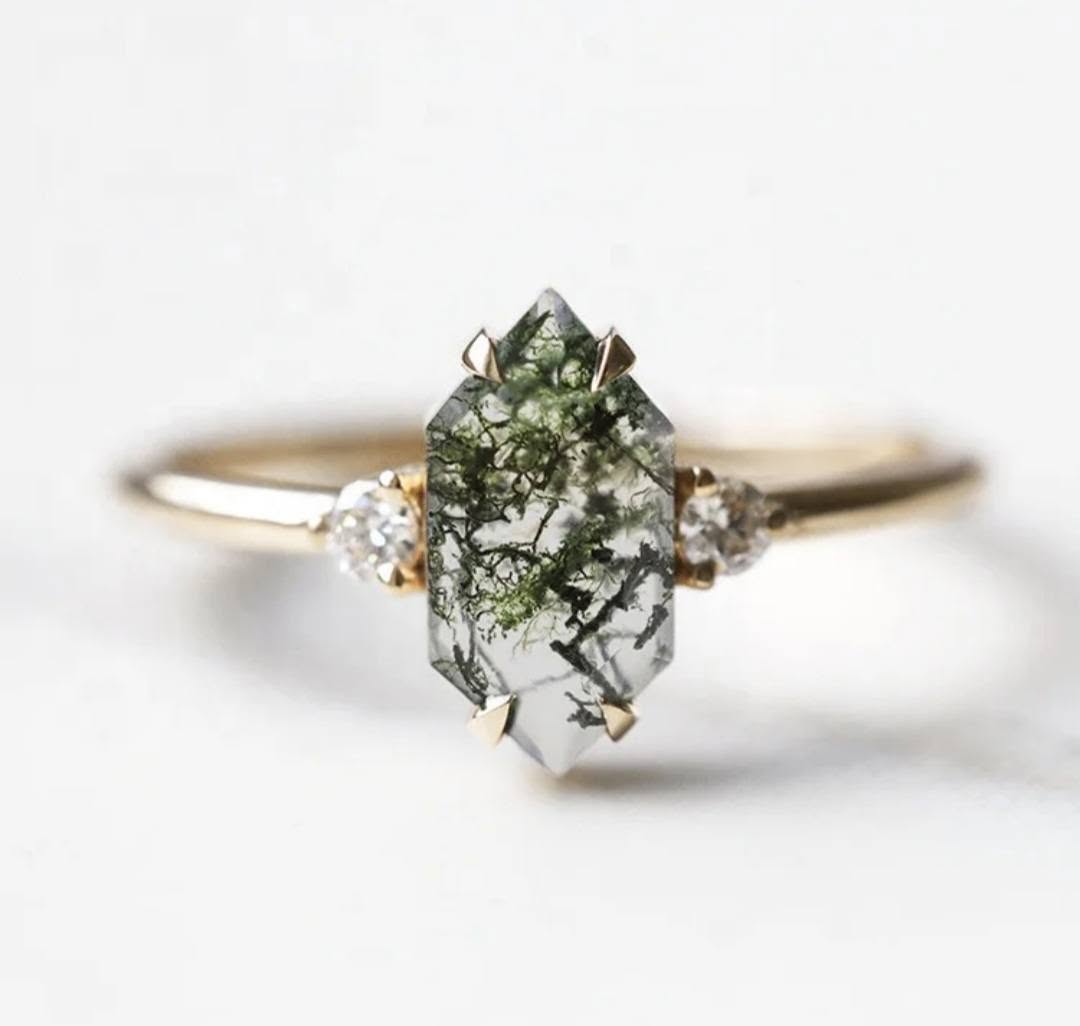 ART DECO /&nbsp;MOSS AGATE CZ Solitaire Ring, Yellow Gold Vermeil ( 925s Silver ), justerbar ( 49, 52, 54 )