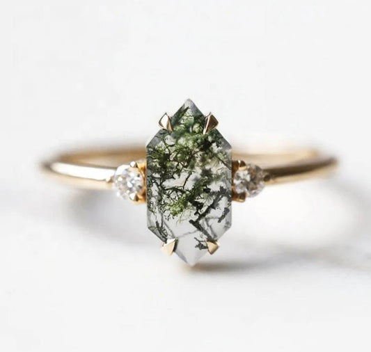 ART DECO / MOSS AGATE CZ Solitaire Ring, Yellow Gold Vermeil ( 925s Silver ), justerbar ( 49, 52, 54 )