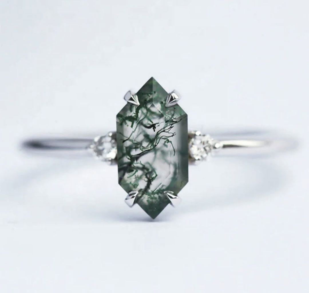 ART DECO / MOSS AGATE CZ Solitaire Ring, 925s Silver , justerbar ( 49, 52, 54 )