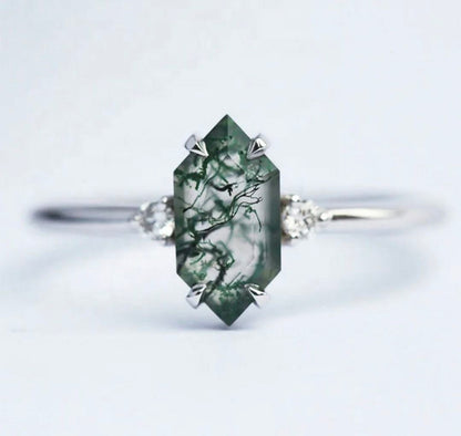 ART DECO / MOSS AGATE CZ Solitaire Ring, 925s Silver , justerbar ( 49, 52, 54 )
