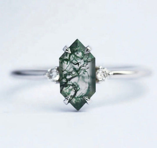 ART DECO / MOSS AGATE CZ Solitaire Ring, 925s Silver , justerbar ( 49, 52, 54 )