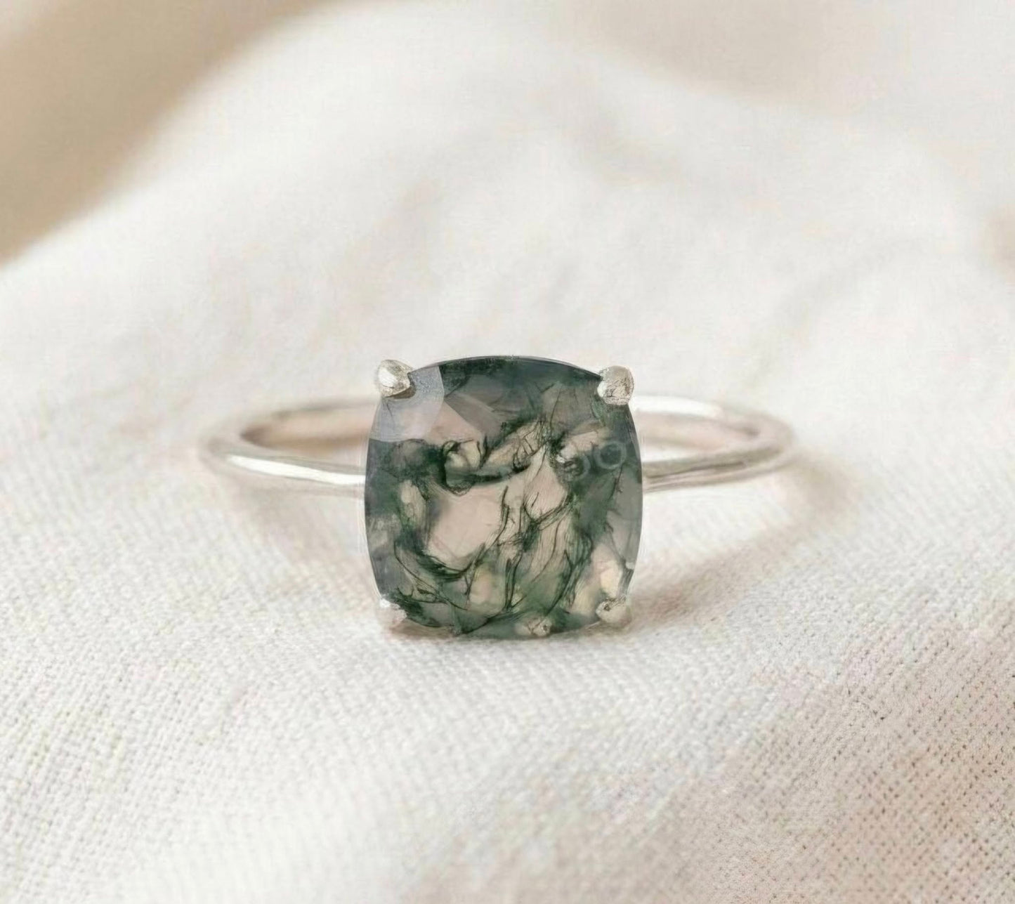 Ny & Trendy 925s Silver Art Deco Vintage Ring - med oval 8x8mm Green Moss Agate Quartz sten og Zirkoner