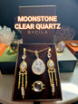 SUMMERDEAL / Moonstone & Clear Quartx Smykkesett ( Øredobber, Ring, Kjede ), Gold Electroplated