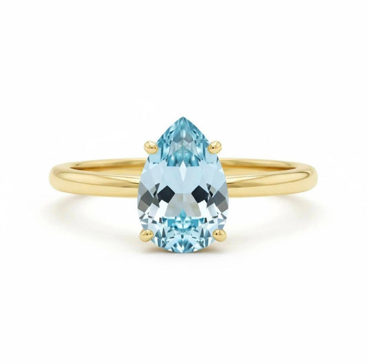Vakker og enkel Mareshia "Solitaire" enstens 9x7mm Aquamarine Ring, Gold Vermeil ( 925s Silver )