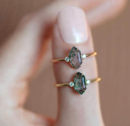 ART DECO /&nbsp;MOSS AGATE CZ Solitaire Ring, Yellow Gold Vermeil ( 925s Silver ), justerbar ( 49, 52, 54 )