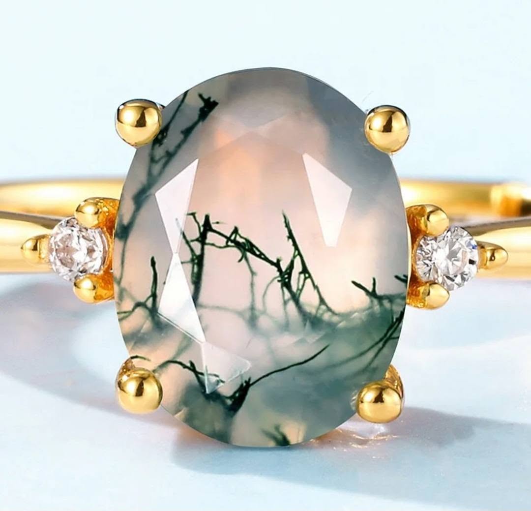 Retro / Vintage 9x7mm natural MOSS AGATE CZ Solitaire Ring, Yellow Gold Vermeil ( 925s Silver ), adjustable size ( 49, 52, 54 )