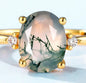 Retro / Vintage 9x7mm natural MOSS AGATE CZ Solitaire Ring, Yellow Gold Vermeil ( 925s Silver ), adjustable size ( 49, 52, 54 )