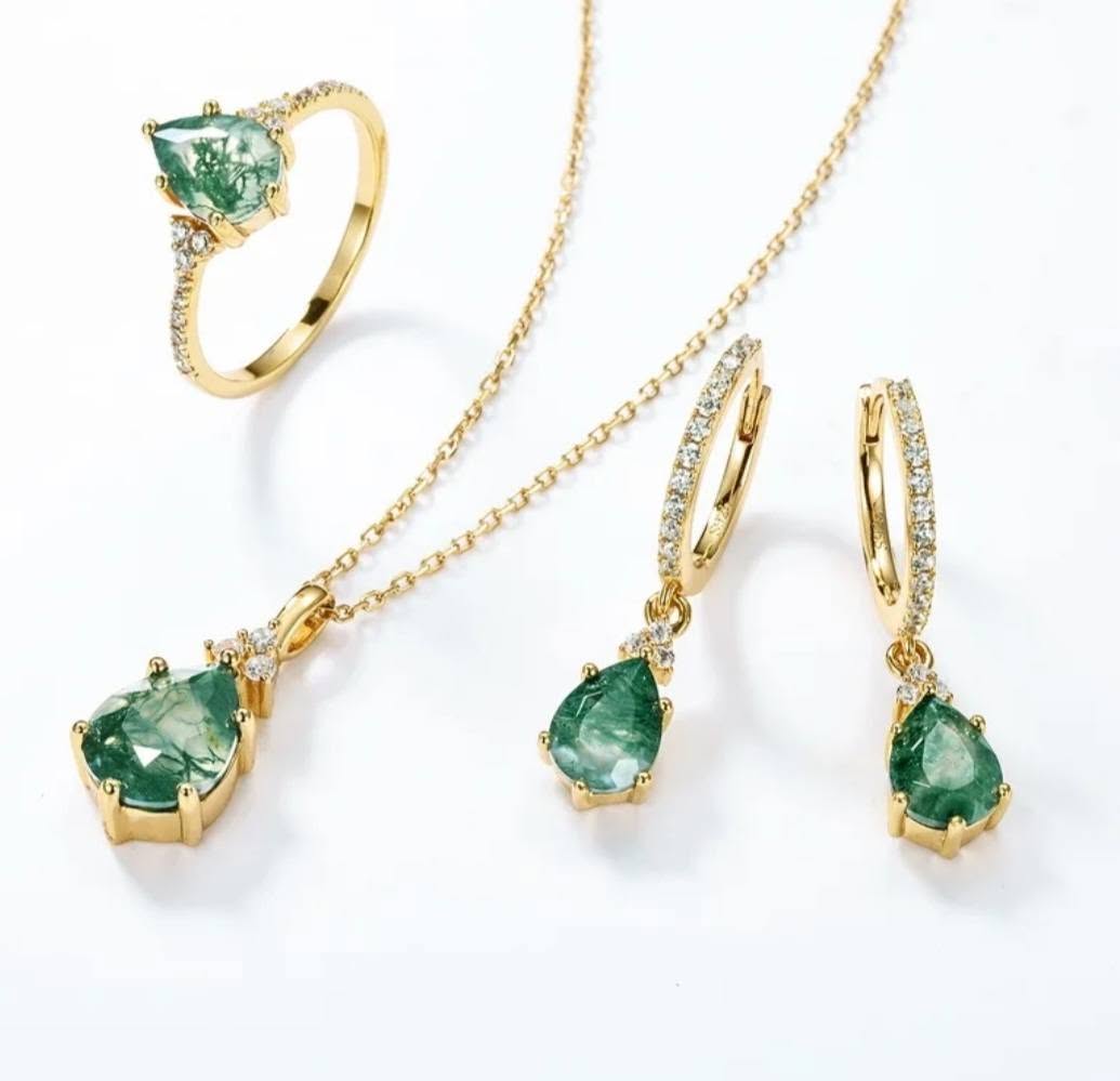 MOSS AGATE CZ Solitaire Jewelry 3 PCS ( Ring, Kjede, Øredobber ) Art Deco Jewelry Set, Yellow Gold Vermeil ( 925s Silver )