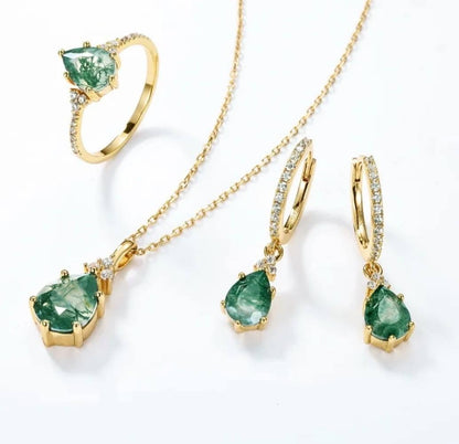 MOSS AGATE CZ Solitaire Jewelry 3 PCS ( Ring, Kjede, Øredobber ) Art Deco Jewelry Set, Yellow Gold Vermeil ( 925s Silver )