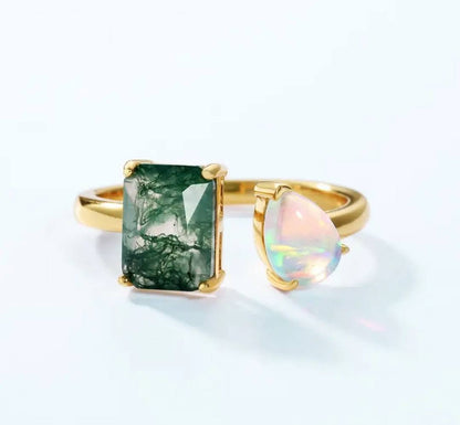 Retro / Vintage natural MOSS AGATE & OPAL Ring, Yellow Gold Vermeil ( 925s Silver ), adjustable size ( 49, 52, 54 )