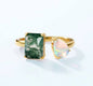Retro / Vintage natural MOSS AGATE & OPAL Ring, Yellow Gold Vermeil ( 925s Silver ), adjustable size ( 49, 52, 54 )