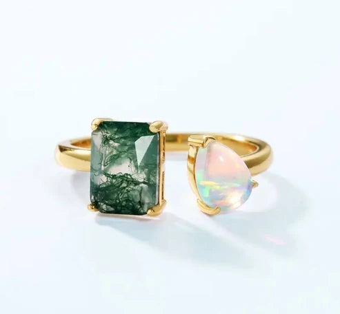 Retro / Vintage natural MOSS AGATE & OPAL Ring, Yellow Gold Vermeil ( 925s Silver ), adjustable size ( 49, 52, 54 )