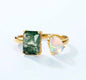 Retro / Vintage natural MOSS AGATE & OPAL Ring, Yellow Gold Vermeil ( 925s Silver ), adjustable size ( 49, 52, 54 )