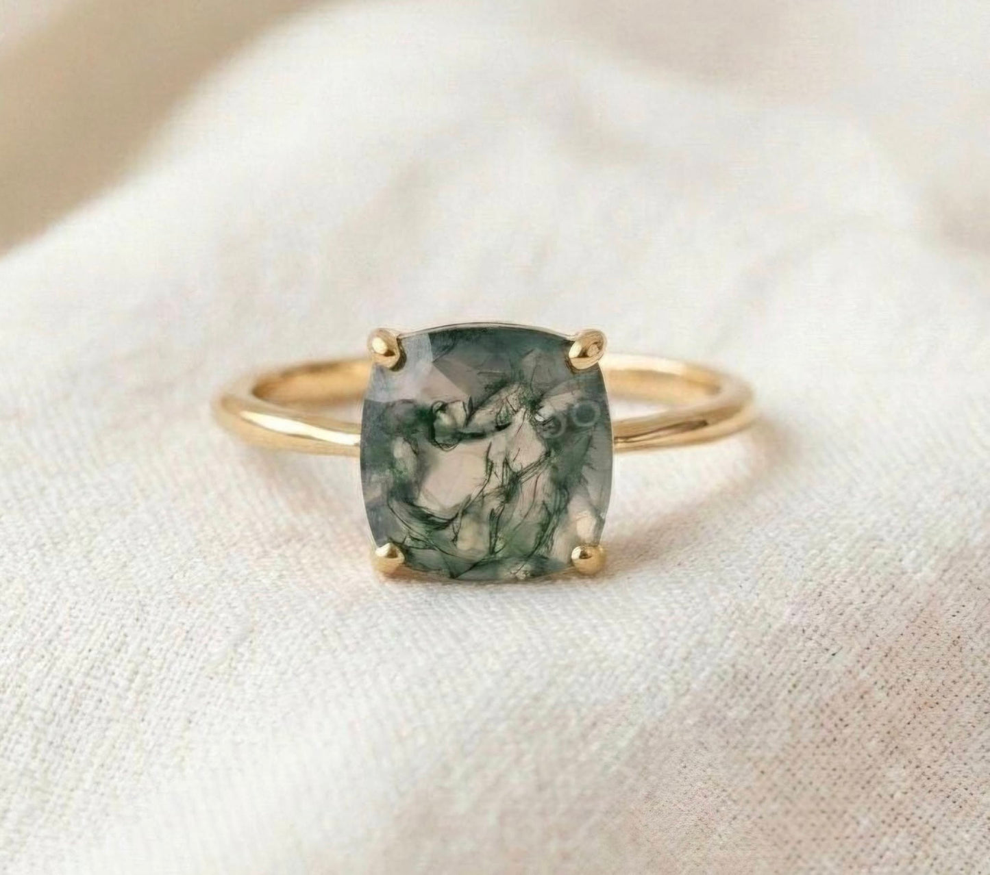 Ny & Trendy 14K Goldplated ( 925s Silver ) Art Deco Vintage Ring - med oval 8x8mm Green Moss Agate Quartz sten og Zirkoner