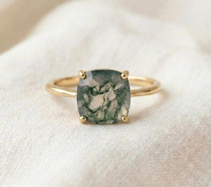 Ny & Trendy 14K Goldplated ( 925s Silver ) Art Deco Vintage Ring - med oval 8x8mm Green Moss Agate Quartz sten og Zirkoner