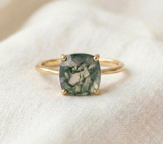 Ny & Trendy 14K Goldplated ( 925s Silver ) Art Deco Vintage Ring - med oval 8x8mm Green Moss Agate Quartz sten og Zirkoner