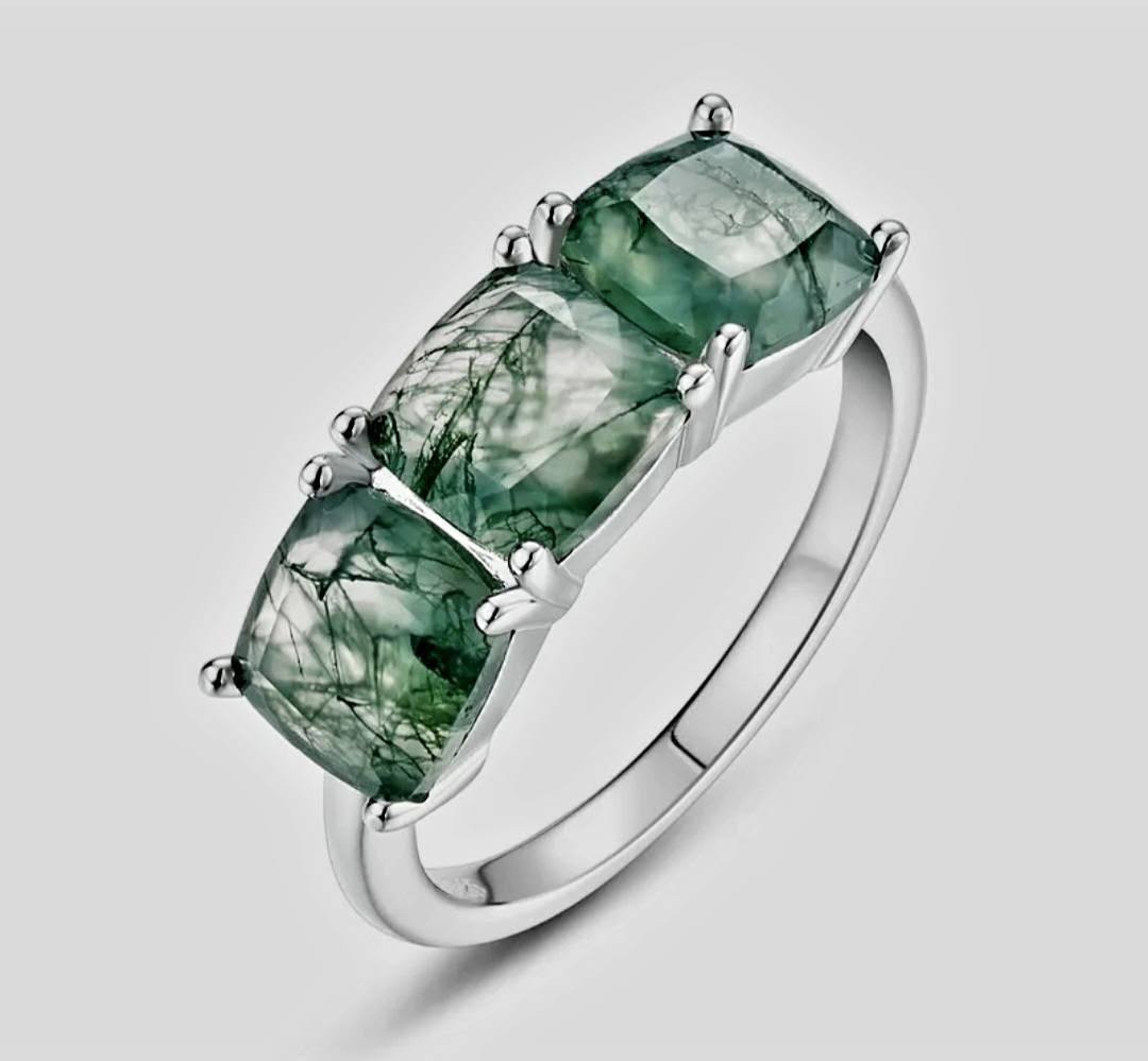Retro / Vintage 7x7mm natural MOSS AGATE CZ Solitaire Ring, 925s Silver, size ( 49, 52, 54 )