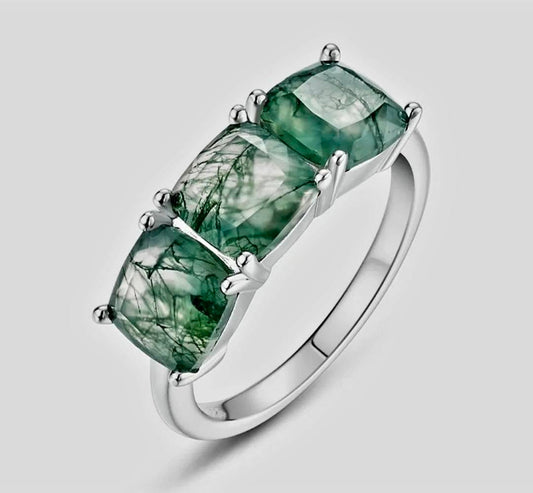 Retro / Vintage 7x7mm natural MOSS AGATE CZ Solitaire Ring, 925s Silver, size ( 49, 52, 54 )