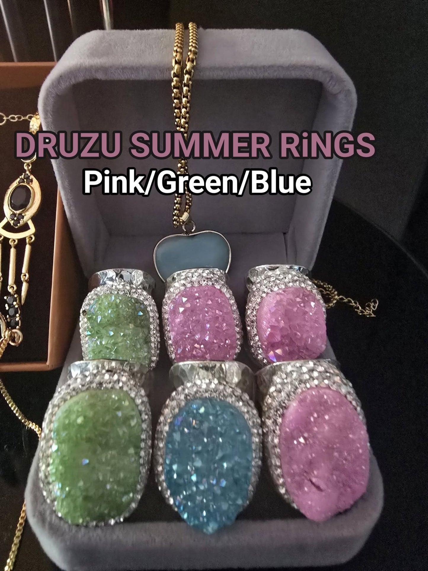 Summerdeal / Druzy Quartz Rings, Green, Pink, Blue, one size, silverplated druzy quartz ..