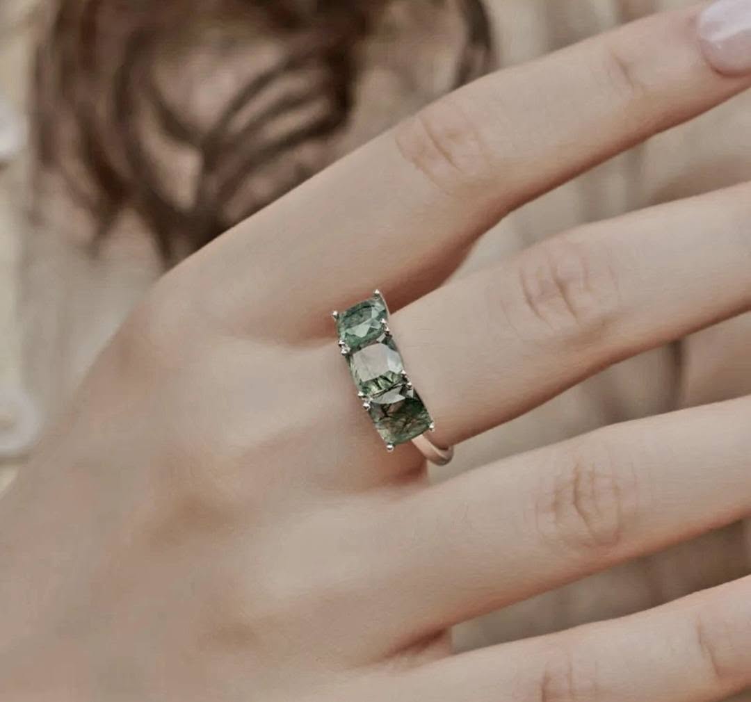 Retro / Vintage 7x7mm natural MOSS AGATE CZ Solitaire Ring, 925s Silver, size ( 49, 52, 54 )