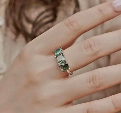 Retro / Vintage 7x7mm natural MOSS AGATE CZ Solitaire Ring, 925s Silver, size ( 49, 52, 54 )